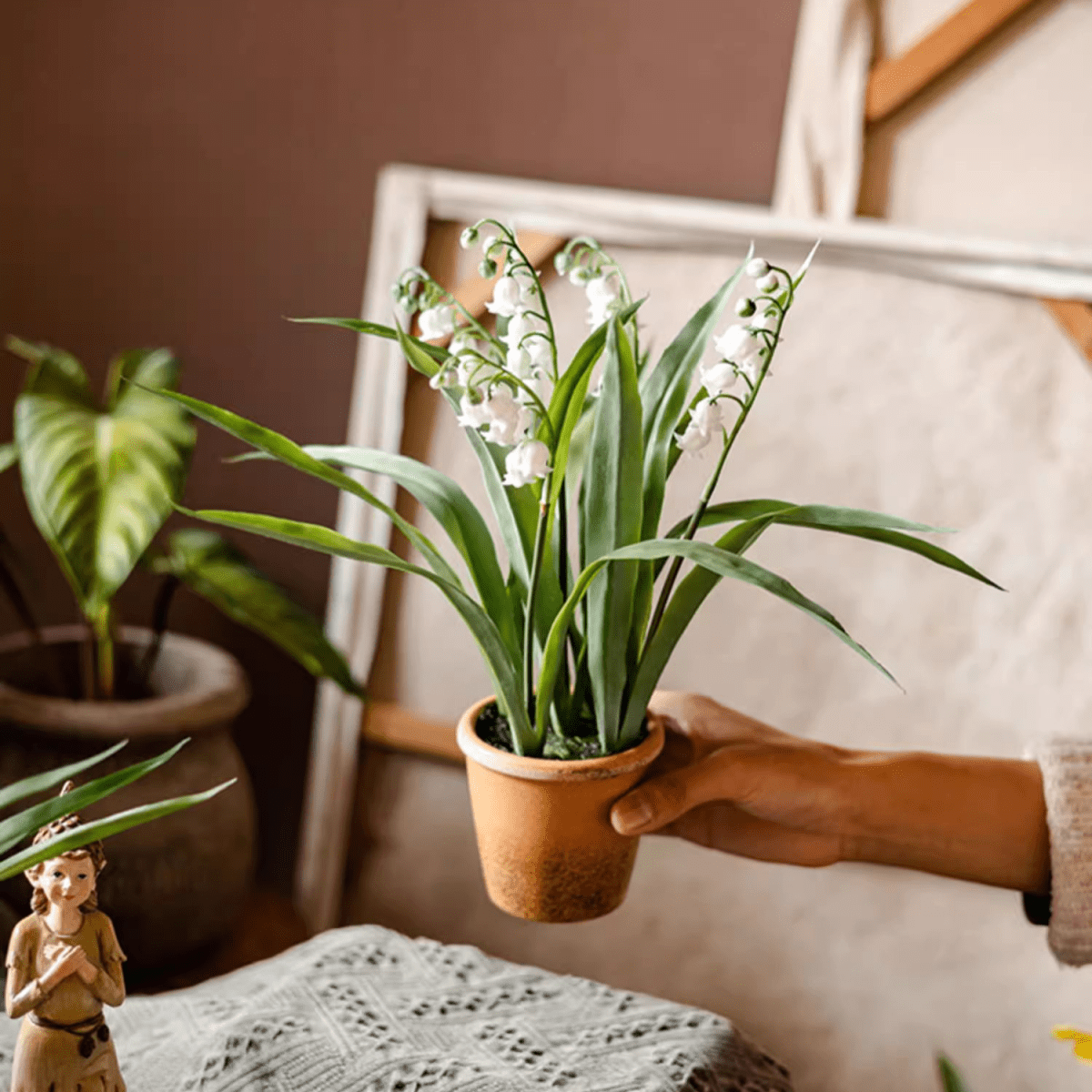 Faux Lily of the Valley in a brown terracotta pot by RusticReach on Tampa Home & Garden Store