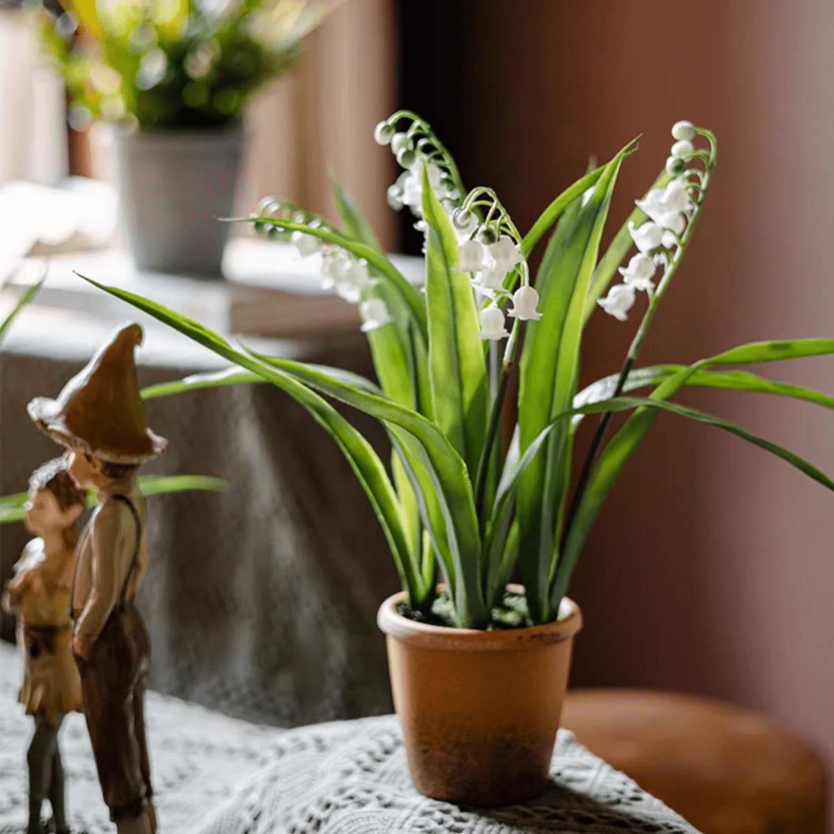Faux Lily of the Valley in Brown Pot by RusticReach with leaves and white bell flowers on Tampa Home & Garden Store