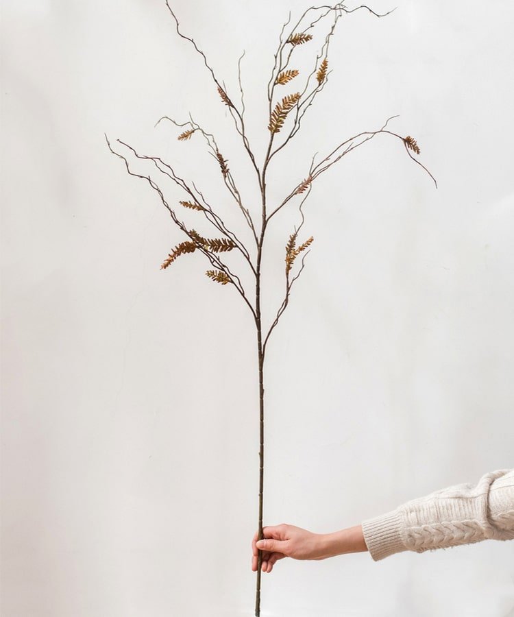 Artificial Ling Yu grass stem 47 inches tall, brown twig with sparse leaflets, RusticReach on Tampa Home & Garden Store