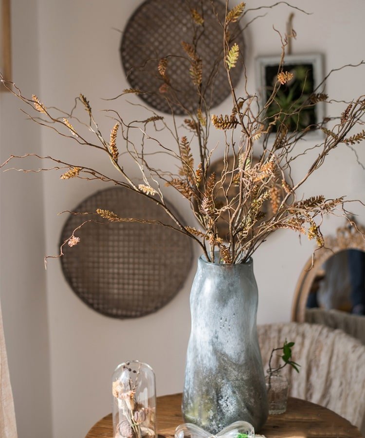RusticReach Artificial Dried Ling Yu Grass Stem, 47-in tall faux stems in a blue-gray vase on Tampa Home & Garden Store