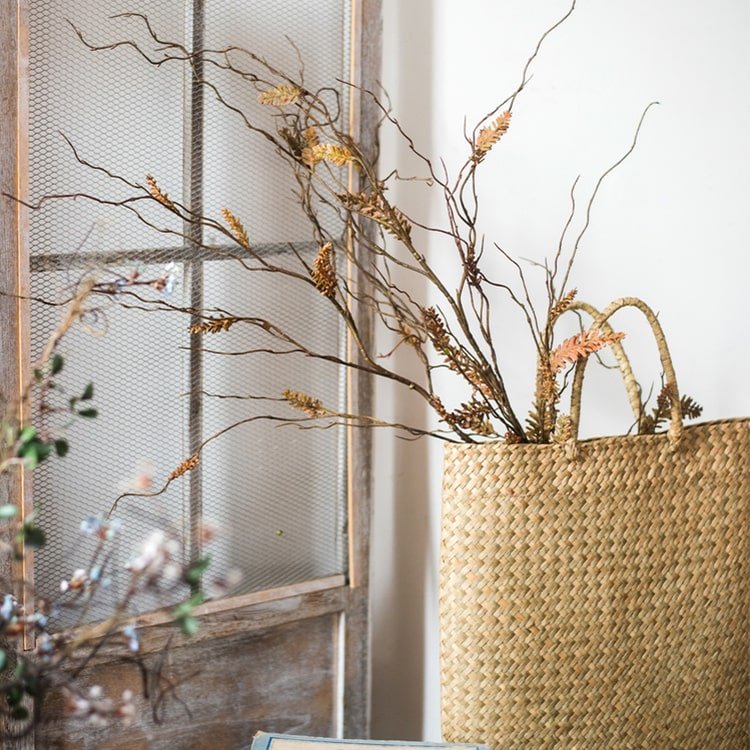RusticReach artificial Ling Yu grass stems in a natural woven basket, 47 inches tall on Tampa Home & Garden Store