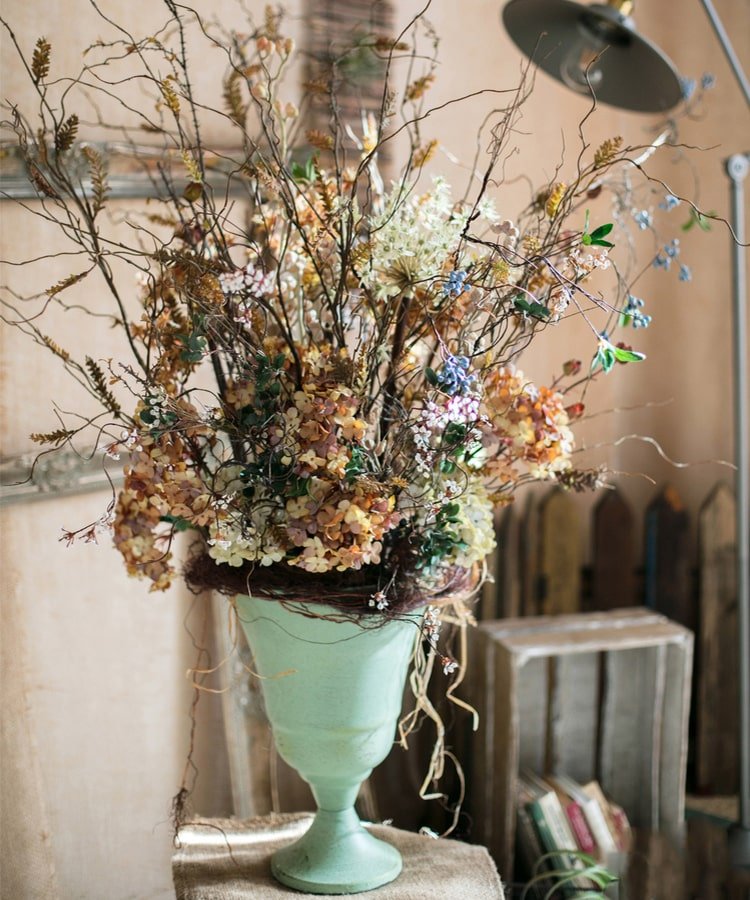 Artificial Ling Yu Grass Stem 47 inches tall in mint green urn by RusticReach with dried florals on Tampa Home & Garden Store