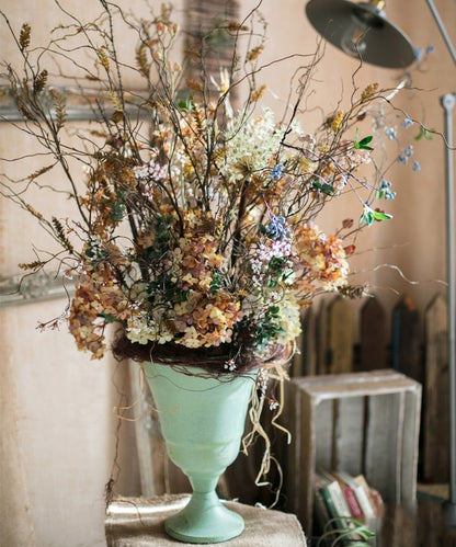 Artificial Ling Yu Grass Stem 47 inches tall in mint green urn by RusticReach with dried florals on Tampa Home & Garden Store