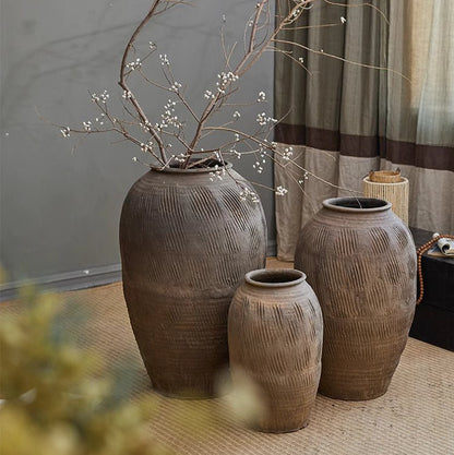 Three RusticReach large floor-standing clay pots with textured brown finish on Tampa Home & Garden Store