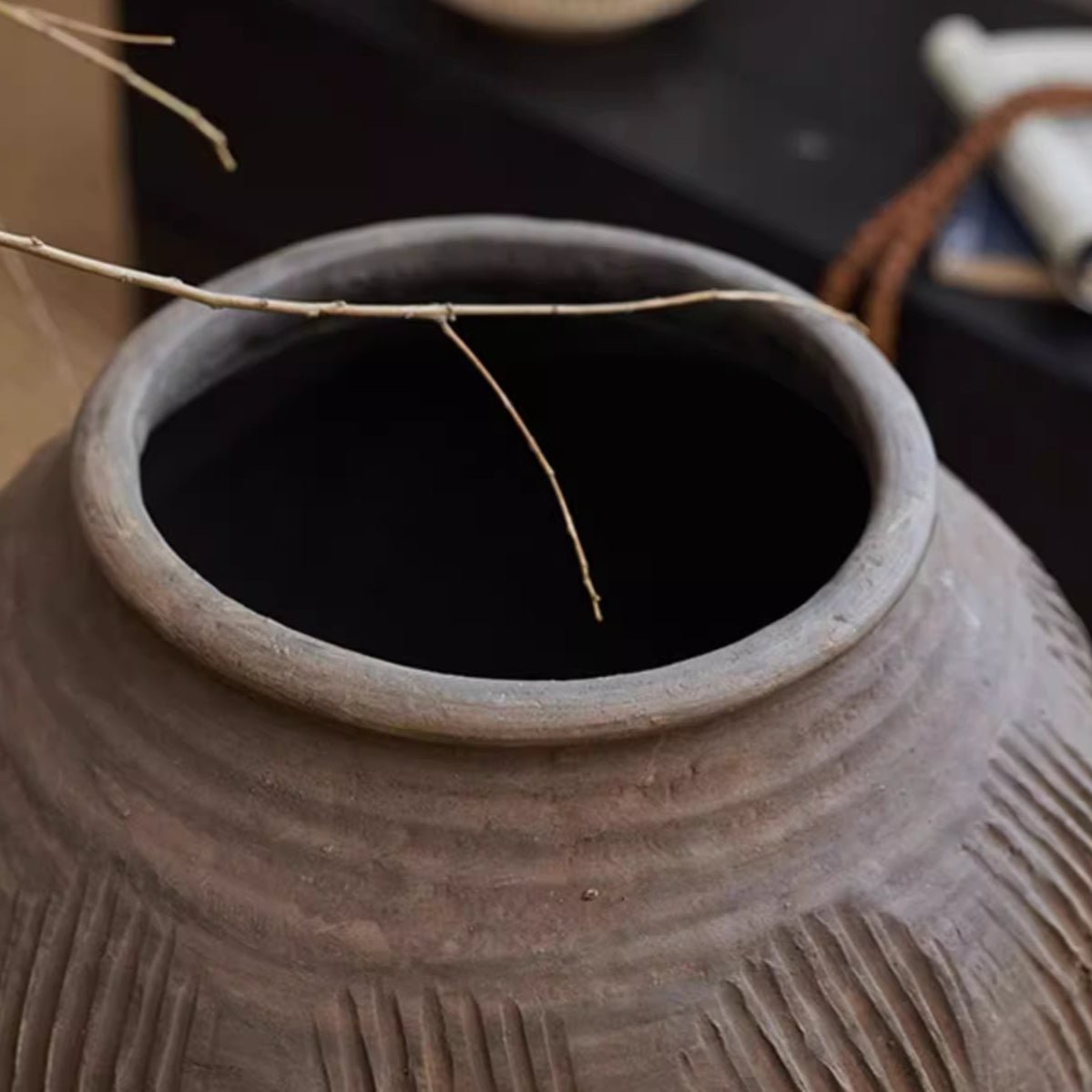 Large floor-standing clay pot by RusticReach, gray ribbed earthenware with twig on rim on Tampa Home & Garden Store