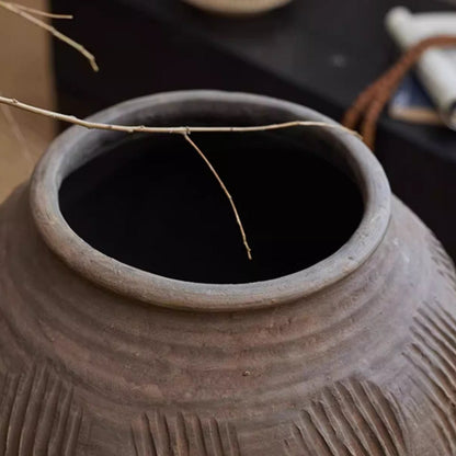 Large floor-standing clay pot by RusticReach, gray ribbed earthenware with twig on rim on Tampa Home & Garden Store