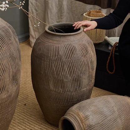 Large floor-standing clay pot RusticReach brown textured ceramic with vertical stripes on Tampa Home & Garden Store