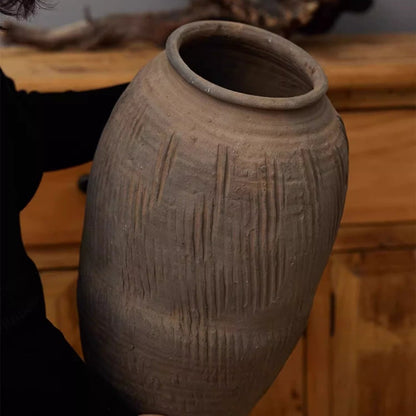Large floor-standing clay pot with vertical ridges in gray-brown rustic finish RusticReach on Tampa Home & Garden Store