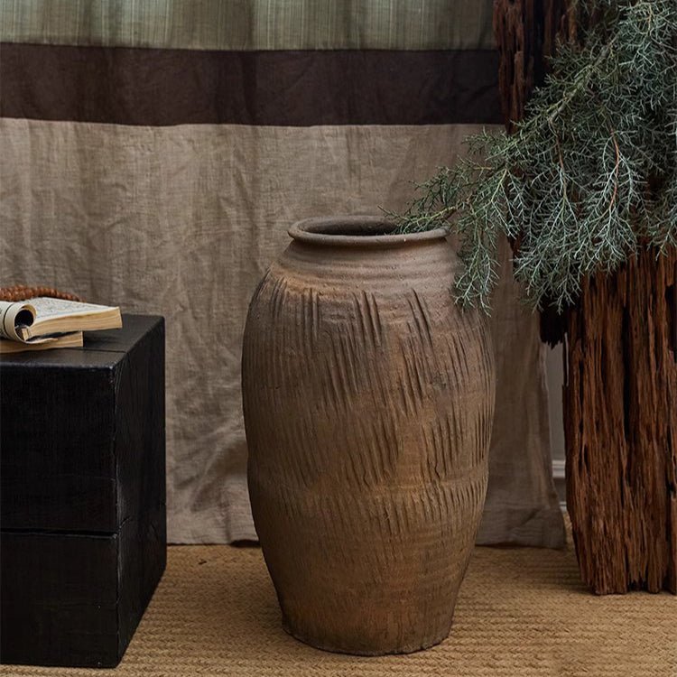 Large floor-standing clay pot, RusticReach, brown with vertical groove texture on Tampa Home & Garden Store