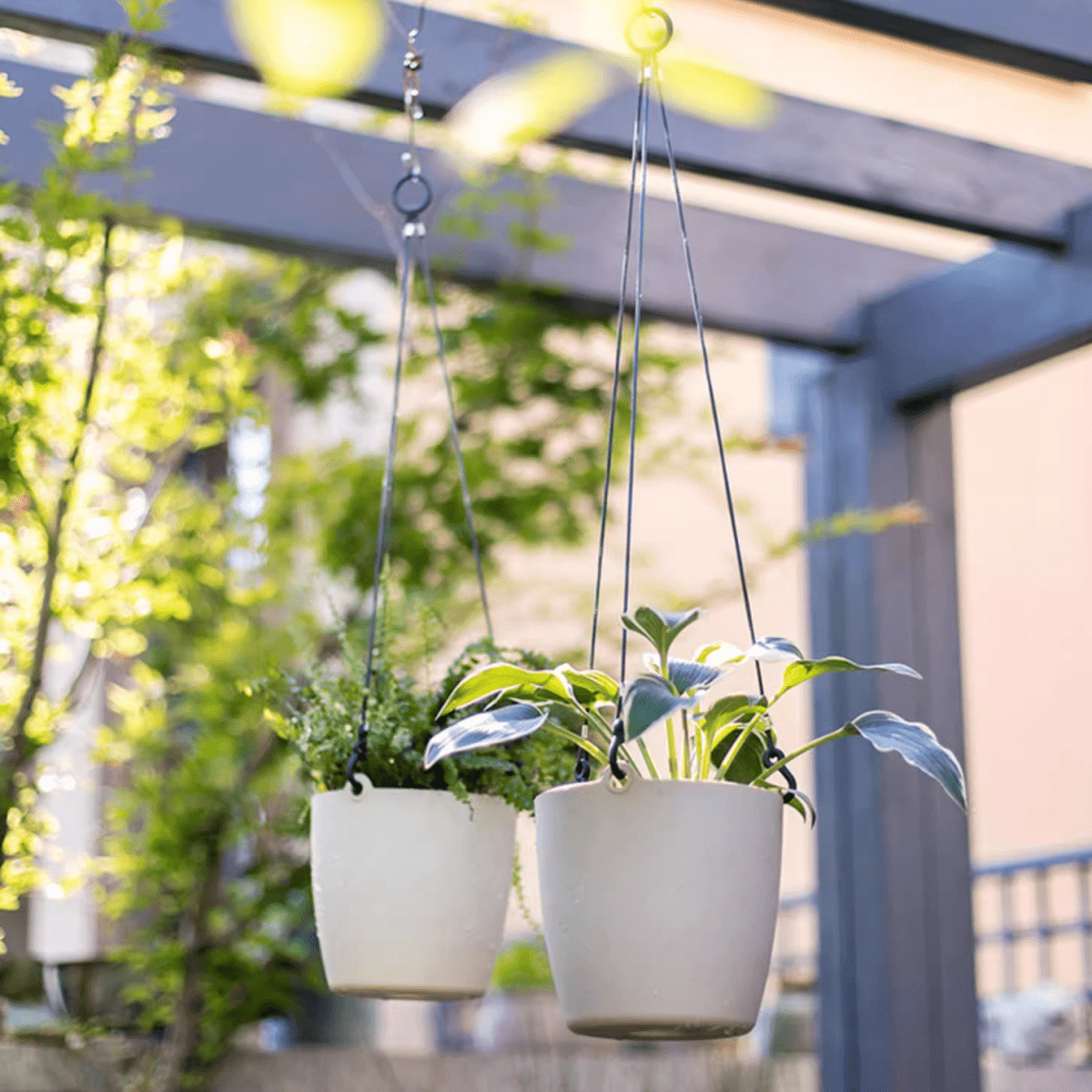 Modern Resin Hanging Planter for Artificial Plants, RusticReach two white pots with black cords on Tampa Home & Garden Store