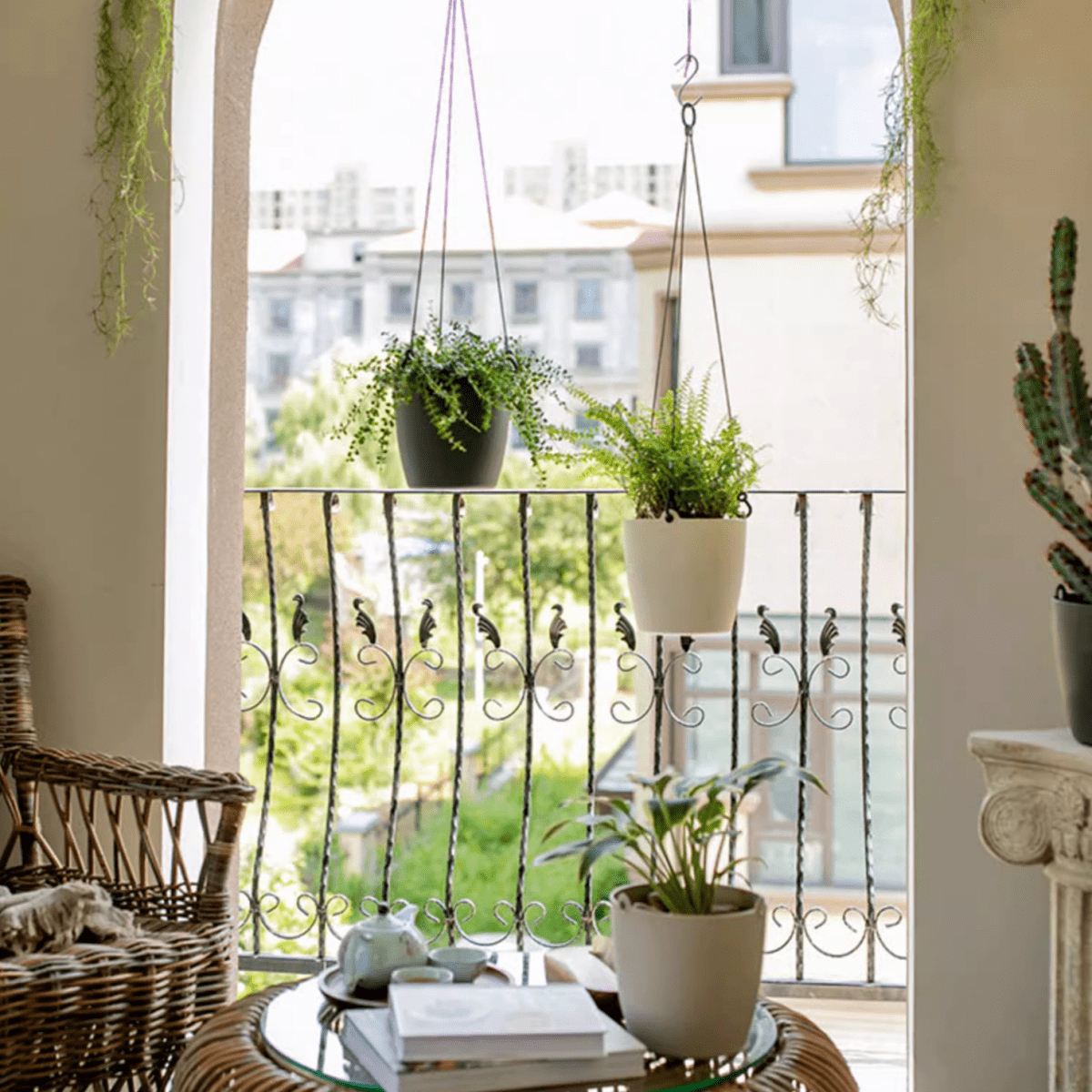 RusticReach modern resin hanging planter for artificial plants, white and black pots, two on balcony railing on Tampa Home & Garden Store