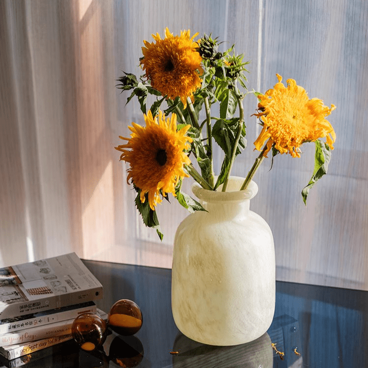 Large matte frosted glass vase by RusticReach with bright yellow sunflowers on Tampa Home & Garden Store