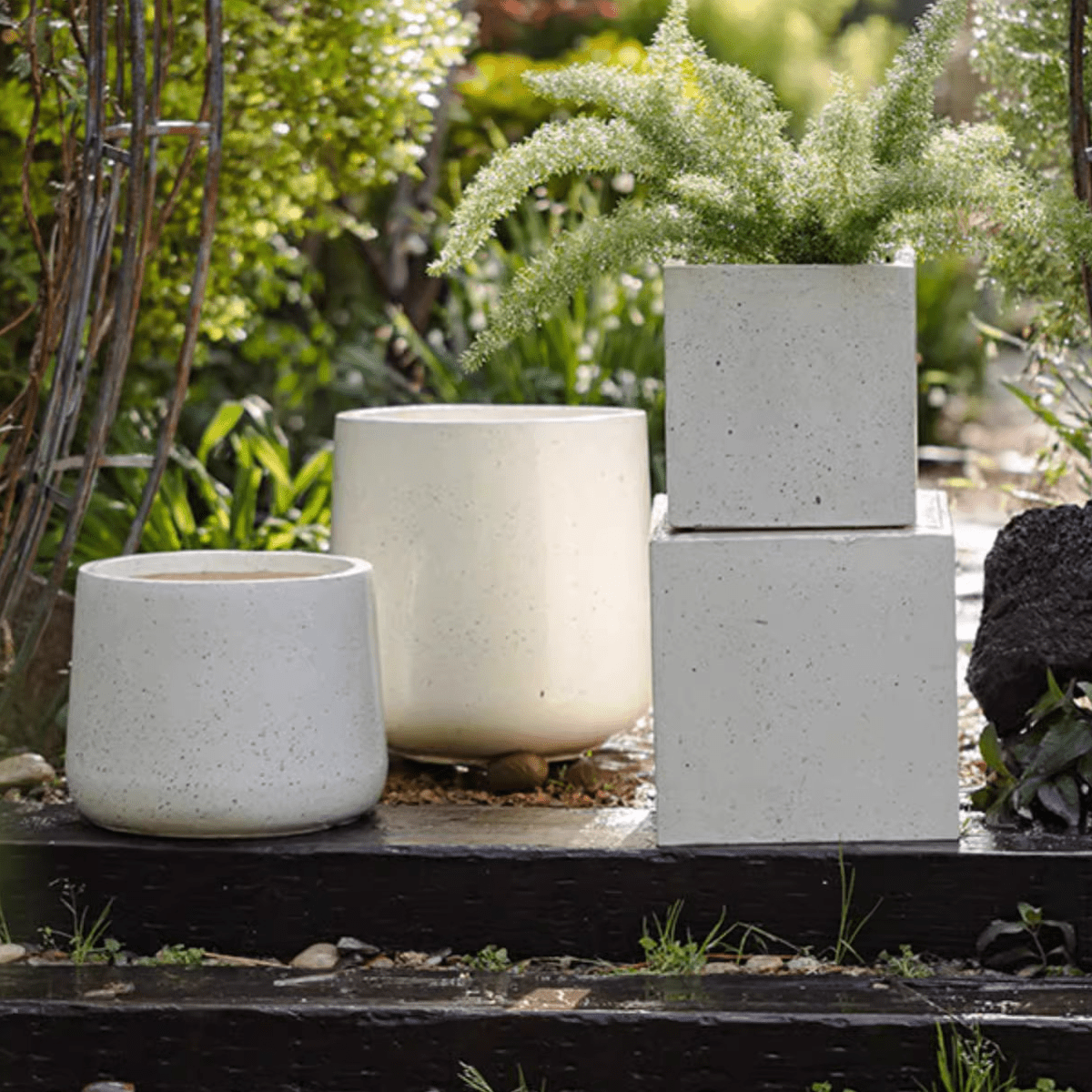 Modern White Planter Square concrete set of four RusticReach planters with greenery on Tampa Home & Garden Store
