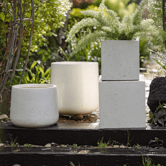 Modern White Planter Square concrete set of four RusticReach planters with greenery on Tampa Home & Garden Store