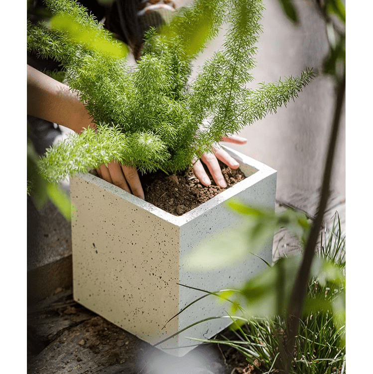 Modern White Planter Square by RusticReach with speckled concrete finish and lush greenery on Tampa Home & Garden Store