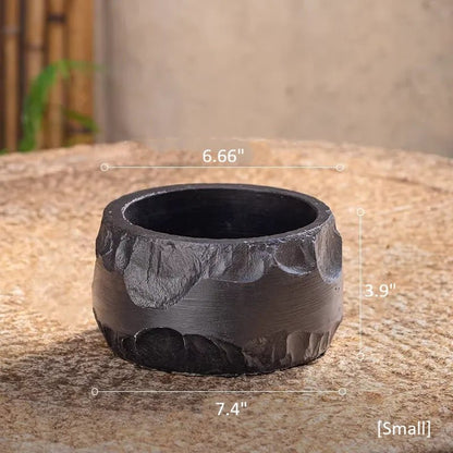 Mesa Cement Pot Planter by RusticReach; black cement planter with rugged, sculpted rim in small size on Tampa Home & Garden Store