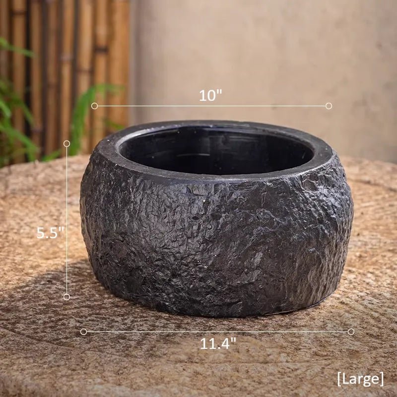 Mesa Cement Pot Planter by RusticReach, black cement, 11.4in diameter, 5.5in tall, 10in opening on Tampa Home & Garden Store