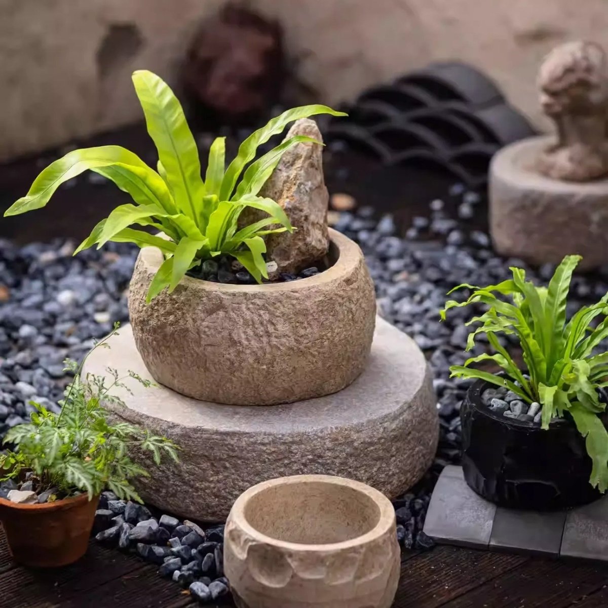 Mesa Cement Pot Planter RusticReach, cement pot with bright green fern on stone pedestal on Tampa Home & Garden Store
