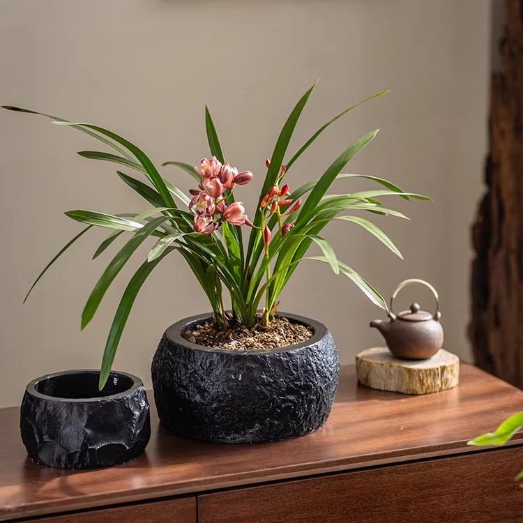 Mesa Cement Pot Planter RusticReach set of 2; black cement pots with leaves and pink blooms on Tampa Home & Garden Store