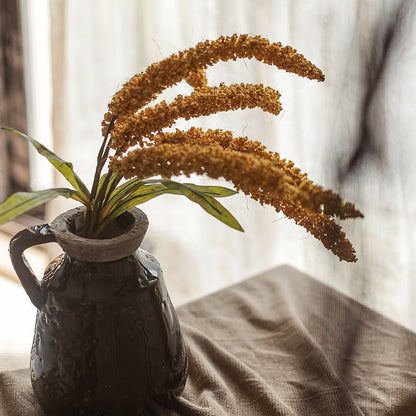 Artificial Millet Bundle, three-stem, 19 in tall, RusticReach in dark pitcher with plumes on Tampa Home & Garden Store