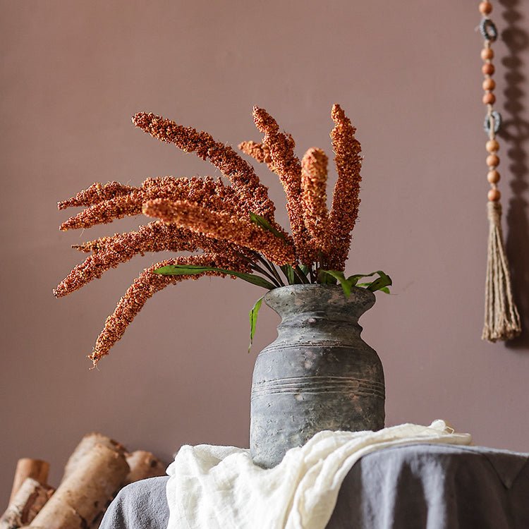 Artificial Millet Bundle 19in tall in a gray rustic pitcher with orange-brown plumes on Tampa Home & Garden Store