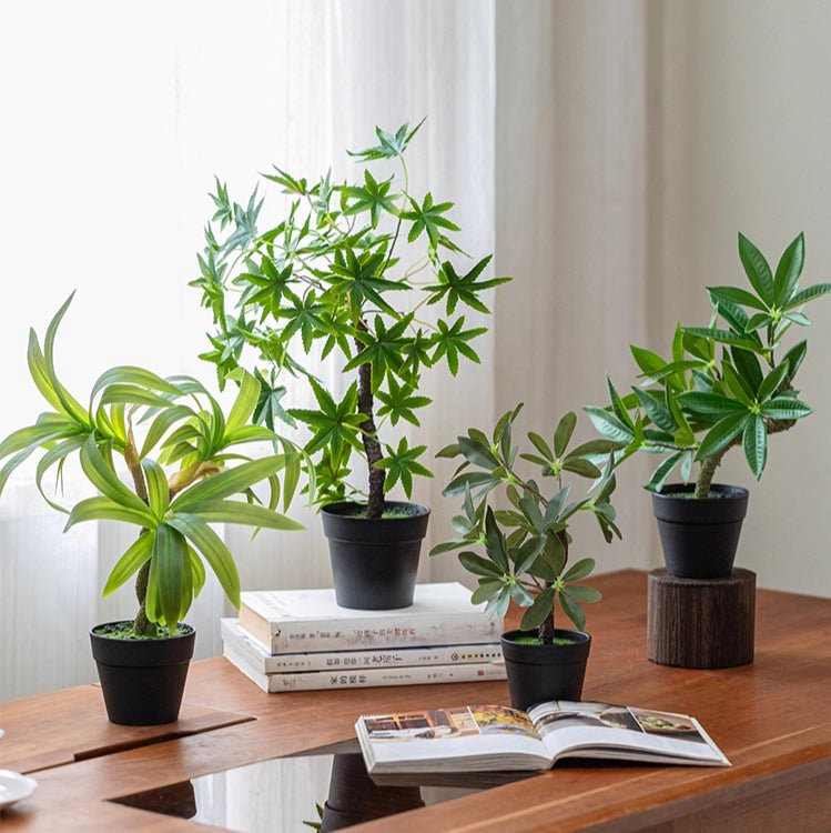 Mini faux potted green plants by RusticReach artificial non-flowering in black pots on wood table on Tampa Home & Garden Store