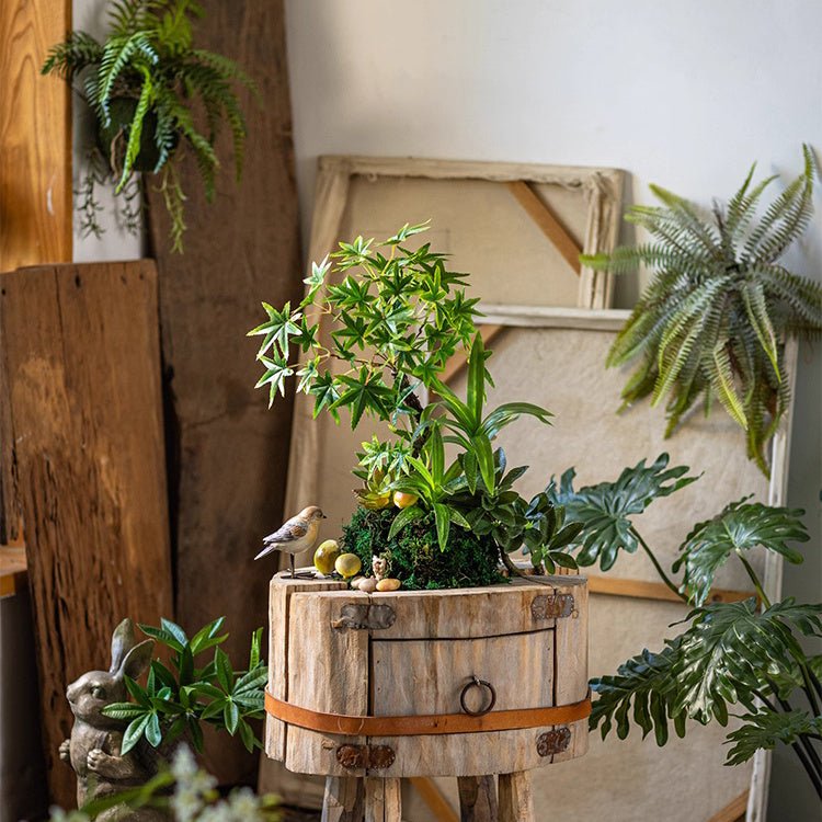 Mini Faux Potted Green Plant in a rustic wooden barrel planter by RusticReach on Tampa Home & Garden Store