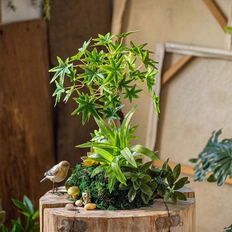 Mini Faux Potted Green Plant by RusticReach in a wood stump planter with moss on Tampa Home & Garden Store