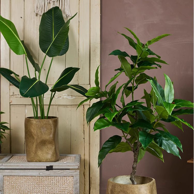 Modern Magnesium Planter set by RusticReach; two gold-toned planters with green leaves on Tampa Home & Garden Store