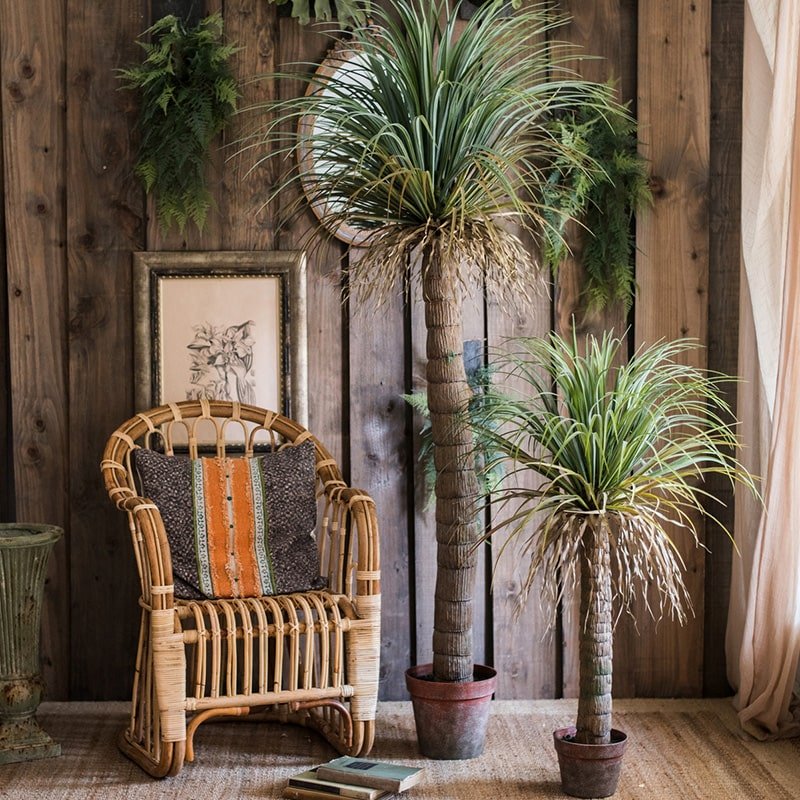 Moroccan artificial palm trees (2) RusticReach, tall and short with lush fronds in a living space on Tampa Home & Garden Store