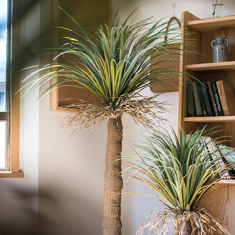 Moroccan Artificial Palm Tree In Pot pair by RusticReach, tall trunk with variegated green leaves on Tampa Home & Garden Store