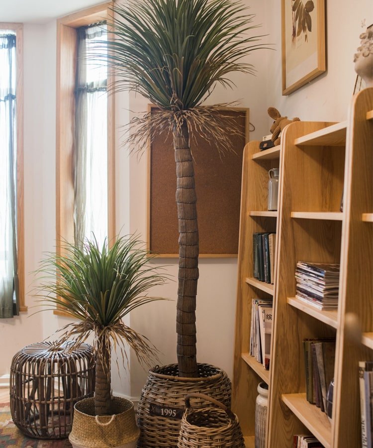 Moroccan artificial palm tree in pot; tall brown trunk with green fronds in a woven basket on Tampa Home & Garden Store