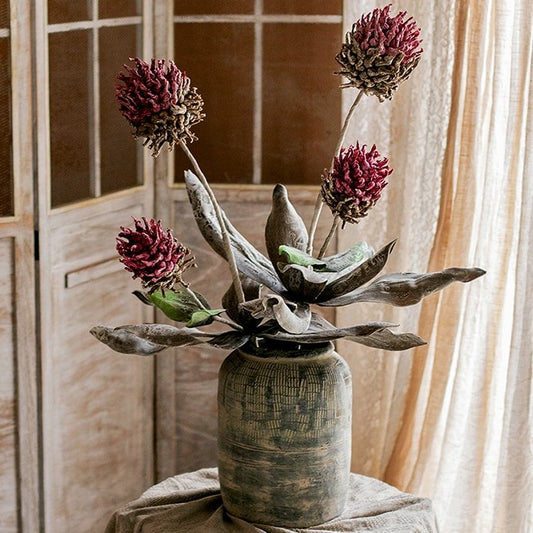 Artificial tall stem Mulan Thistle 43in with grey-green leaves in an aged vase RusticReach on Tampa Home & Garden Store