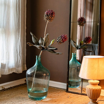 Artificial Tall Stem Flower Mulan Thistle 43in in teal glass vase with leaves RusticReach on Tampa Home & Garden Store