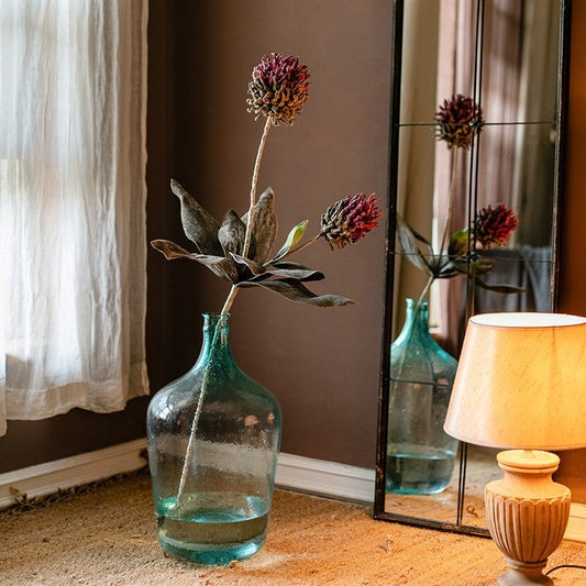 Artificial Tall Stem Flower Mulan Thistle 43in in teal glass vase with leaves RusticReach on Tampa Home & Garden Store