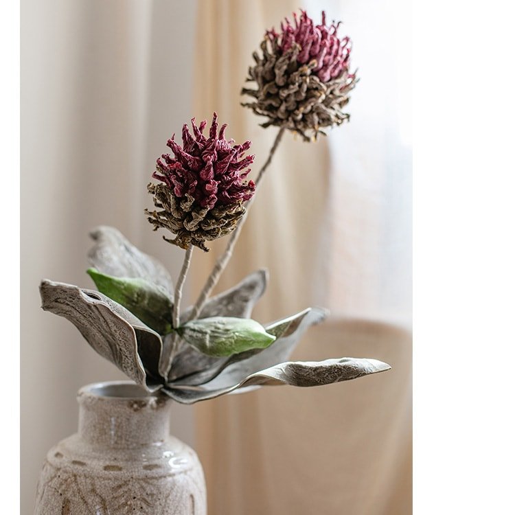 Artificial tall stem Mulan thistle flower, 43in, dusty green leaves in a rustic gray vase on Tampa Home & Garden Store
