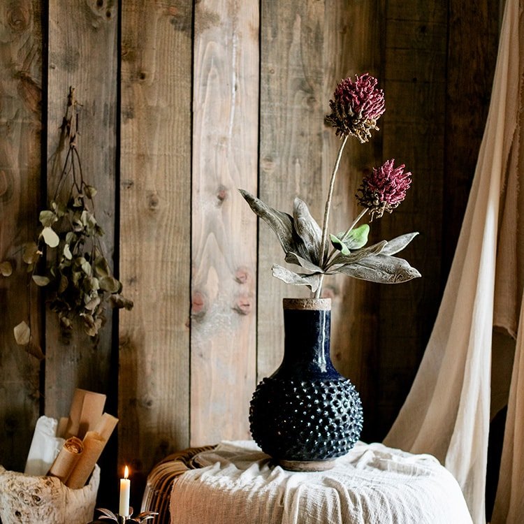 Artificial Tall Stem Mulan Thistle 43 inches tall in dark blue textured vase RusticReach on Tampa Home & Garden Store