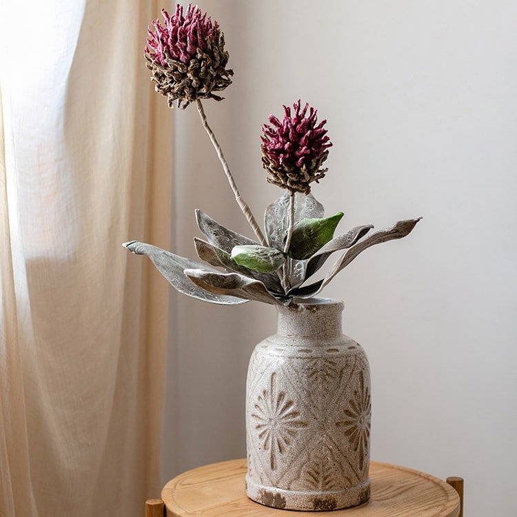 Artificial two-stem Mulan Thistle 43 inch with pink blooms in a carved gray vase RusticReach on Tampa Home & Garden Store