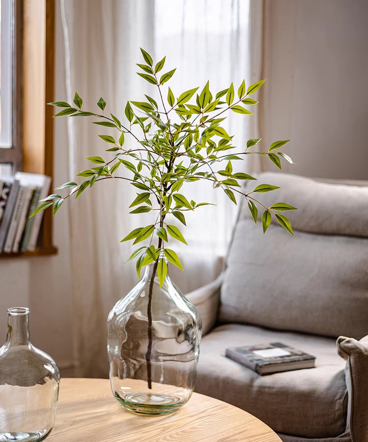 Green Nandina Leaf Stem artificial flora by RusticReach in a clear glass vase on Tampa Home & Garden Store