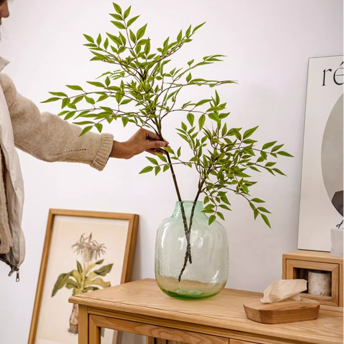 Green Nandina Leaf Stem artificial plant by RusticReach in a clear glass vase on a wooden table on Tampa Home & Garden Store