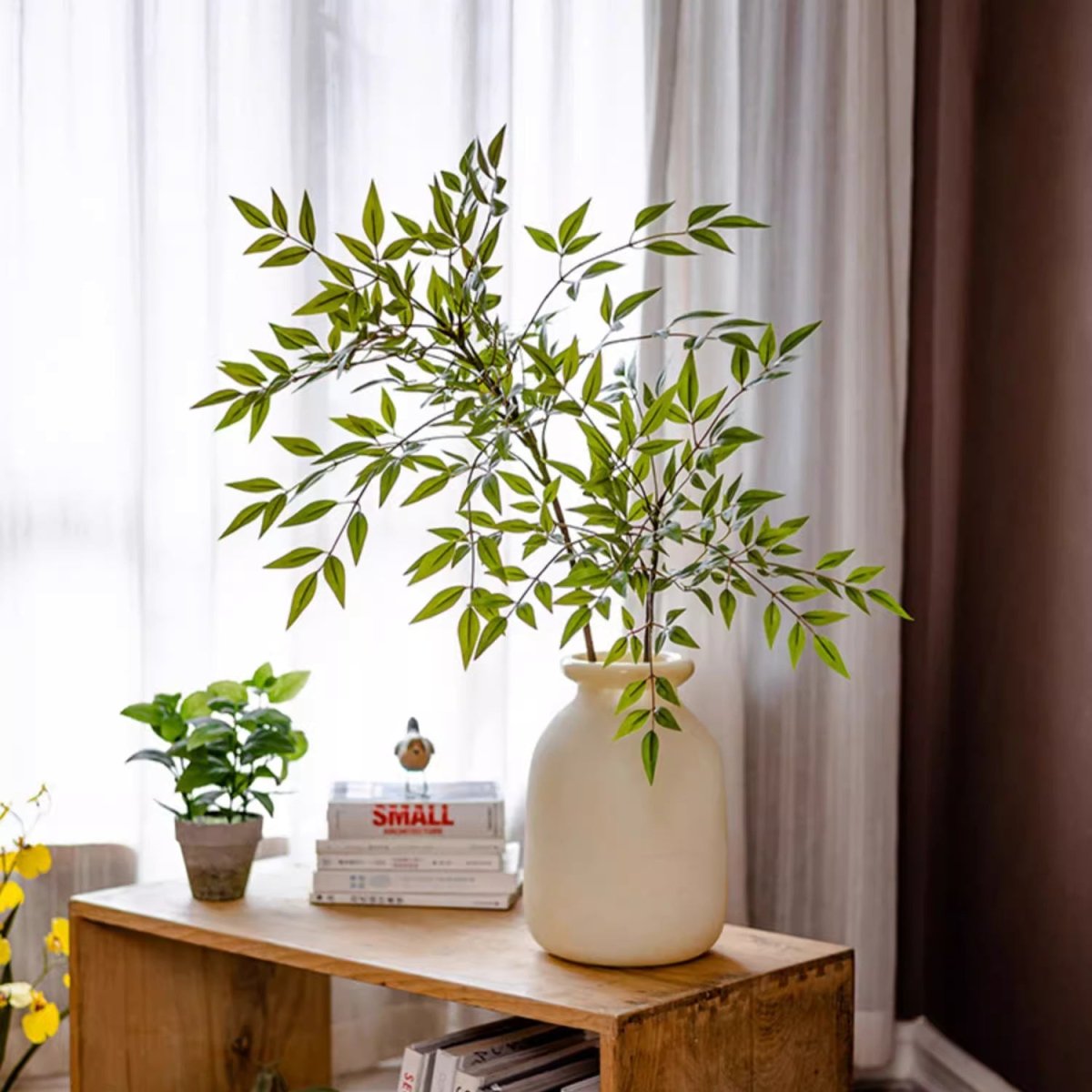 Green Nandina Leaf Stem artificial foliage by RusticReach in a cream ceramic vase on Tampa Home & Garden Store