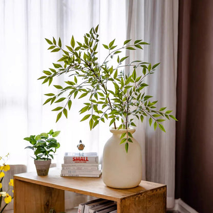 Green Nandina Leaf Stem artificial foliage by RusticReach in a cream ceramic vase on Tampa Home & Garden Store