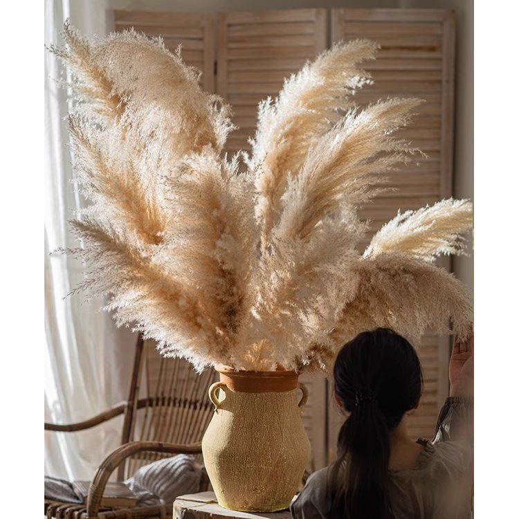Natural Reed Stem 10 Stem Set pampas grass in beige ceramic vase, RusticReach artificial plant on Tampa Home & Garden Store