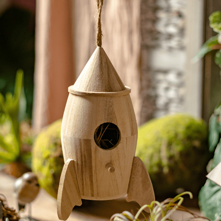 Natural Solid Wood Bird's Nest by RusticReach; rocket-shaped birdhouse with cone and hole on Tampa Home & Garden Store