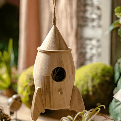 Natural Solid Wood Bird's Nest by RusticReach; rocket-shaped birdhouse with cone and hole on Tampa Home & Garden Store
