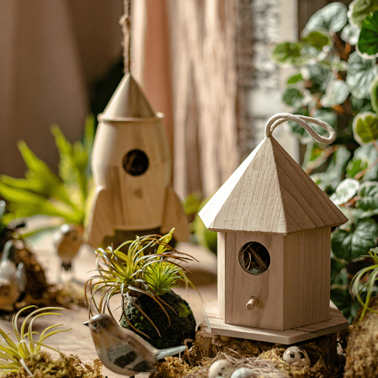 Natural Solid Wood Bird's Nest 2-piece wooden birdhouse set by RusticReach, natural finish with hanging twine on Tampa Home & Garden Store