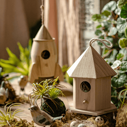 Natural Solid Wood Bird's Nest 2-piece wooden birdhouse set by RusticReach, natural finish with hanging twine on Tampa Home & Garden Store