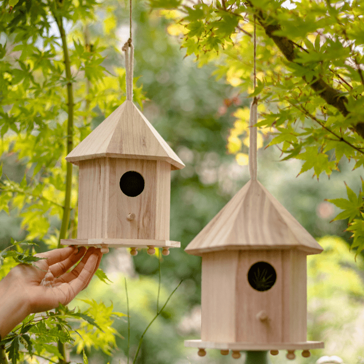 Natural Solid Wood Bird's Nest by RusticReach, 2 hanging unfinished pine birdhouses on Tampa Home & Garden Store