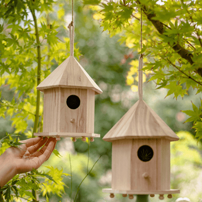 Natural Solid Wood Bird's Nest by RusticReach, 2 hanging unfinished pine birdhouses on Tampa Home & Garden Store