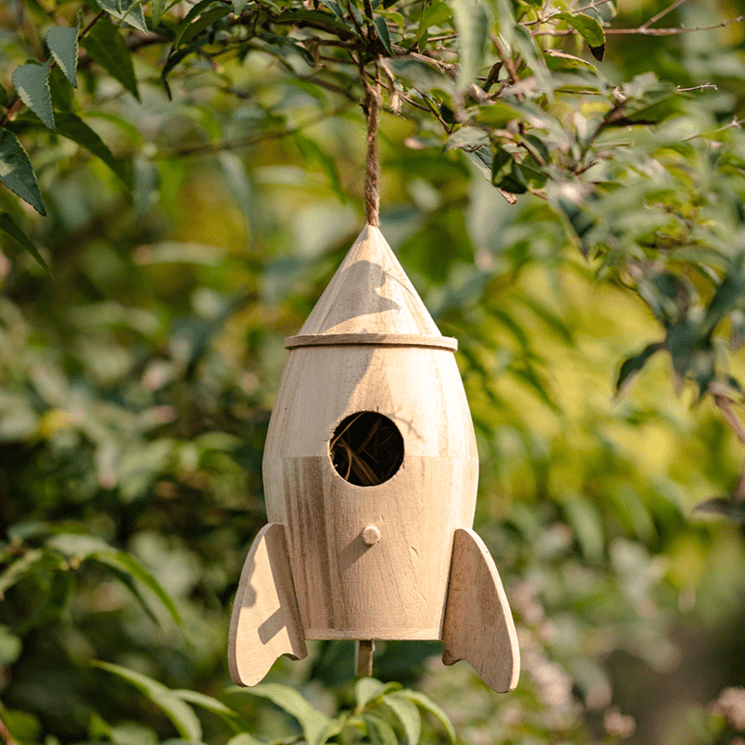 Natural wooden rocket-shaped birdhouse with circular entry RusticReach on Tampa Home & Garden Store